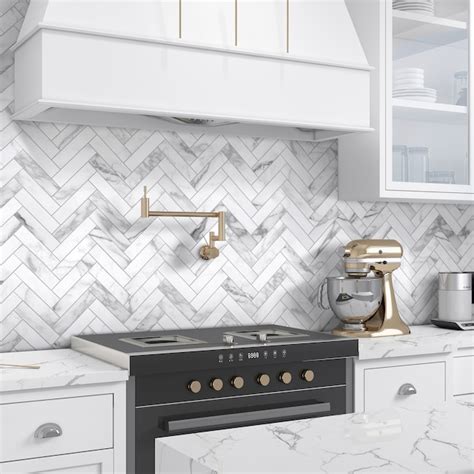 SUNWINGS Carrara White 12-in x 13-in Matte Composite Herringbone Marble ...