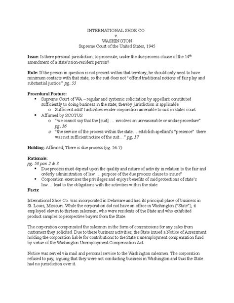 Civil Procedure Cases week 2 - INTERNATIONAL SHOE CO. v. WASHINGTON ...