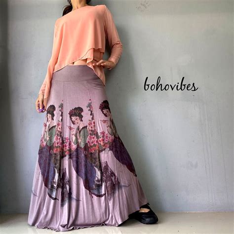 アジアン エスニック＊SPANDEXコットン＊絵画プリントマキシスカート ロング 01 | BOHO VIBES