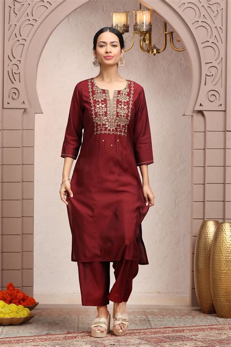 Maroon Roman Silk Embroidered Straight Kurta Pant Co ord Set – Cotton ...