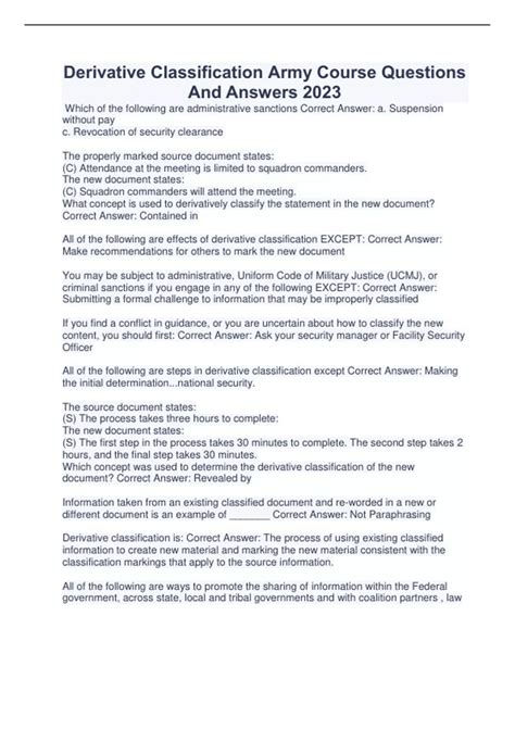 Derivative Classification Army Course Questions And Answers 2023 ...