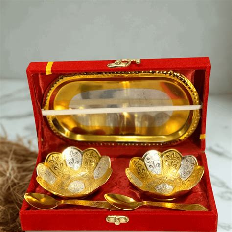 German Silver & Gold Plated Lotus Design Two Bowl Set with Tray & Spoo ...