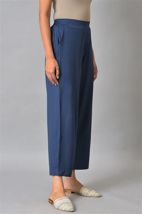 Buy Blue Solid Straight Fit Palazzo With Side Pockets Online for Woman ...