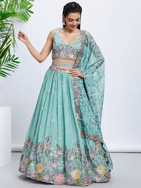Turquoise Sequined & Embroidered Chiffon Lehenga Choli S
