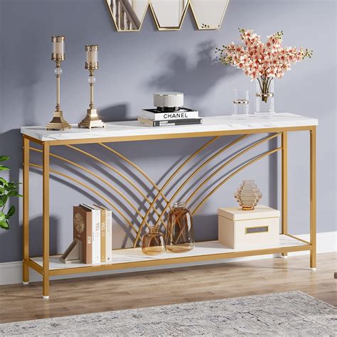 Console Table, 180 CM Faux Marble Entryway Table with 2 Tier Storage ...