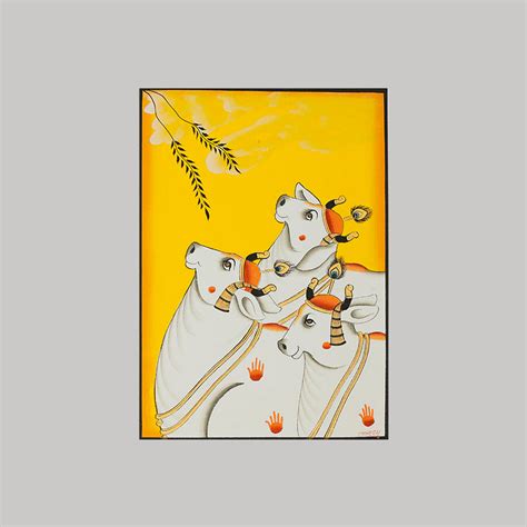 Handpainted Pichwai Painting | 3 Cows Yellow Background Pichwai ...
