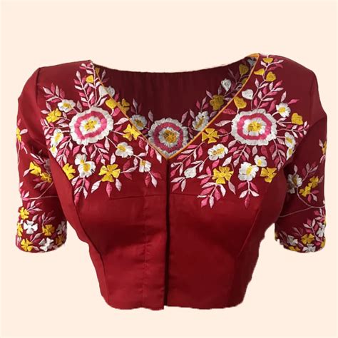 Embroidered Cotton Silk V neck Blouse with Lining, Maroon, BW1143 ...