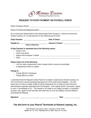 Fillable Online REQUEST TO STOP PAYMENT ON PAYROLL CHECK Fax this form ...