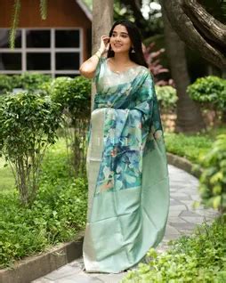 Buy Greenish Blue Tussar Printed Saree T619736