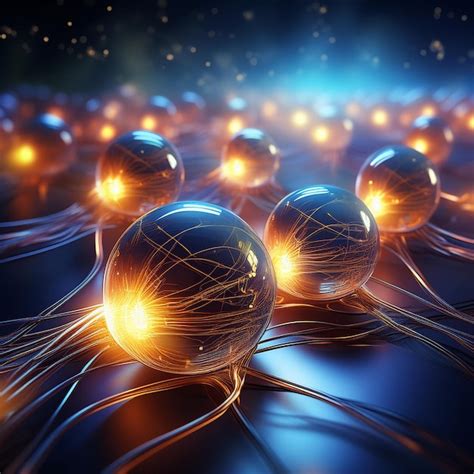 A scene where glass balls are connected by glowing electric currents ...