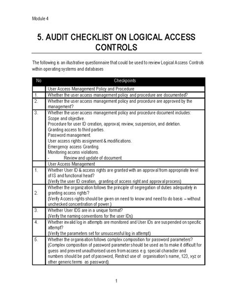 Audit Checklist - Logical Access Control - Module 4 1 5. AUDIT ...