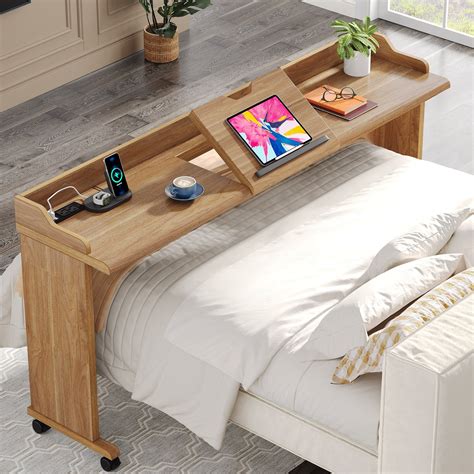 70.8" Overbed Table, Mobile Overbed Desk with Outlet & Adjustable Board ...