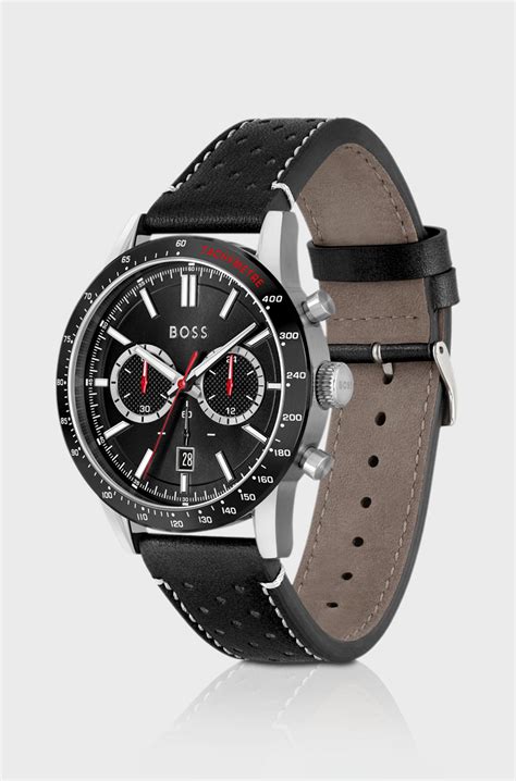 BOSS - Black-dial chronograph watch with perforated leather strap - Black