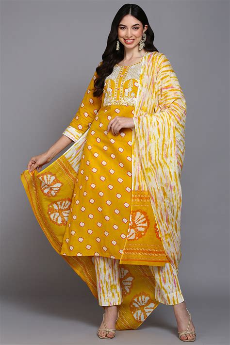 Cotton Yellow Bandhani Printed Straight Kurta Pant With Dupatta VKSKD1 ...
