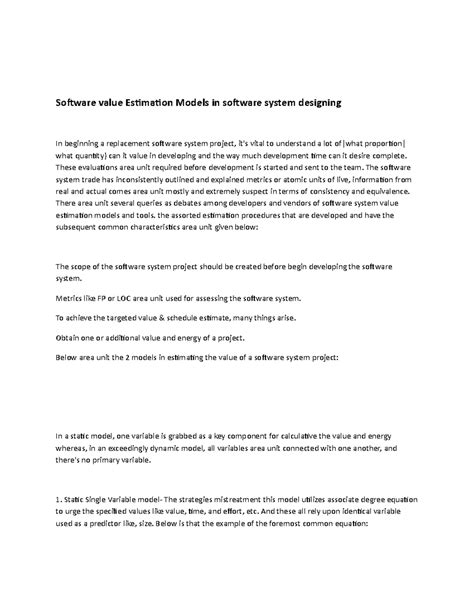 Software value Estimation Models in software system designing - These ...