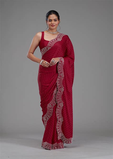 Buy Maroon Swarovski Satin Saree - Koskii