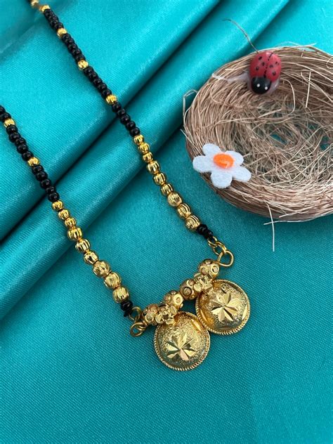 Short Mangalsutra 2 Vati Pendant Gold Plated & Black Beads Chain For W ...