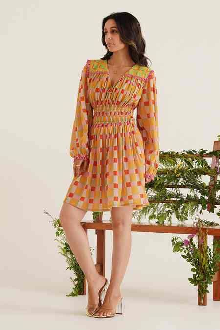 Buy Yellow 100% Viscose Georgette Printed Checkered V-neck Greda Dress ...