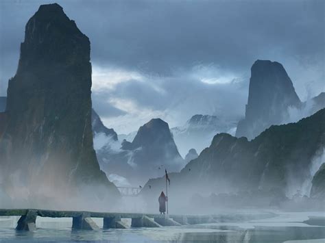 Download wallpaper 1600x1200 silhouette, staff, mountains, fog, art ...