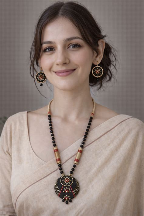 Elegant Handcrafted Black & Golden Terracotta Clay Necklace Set – A ...