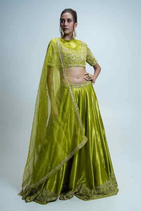Buy Green Gabardine, Silk Sequins, Pearls Bloom Embroidered Lime ...