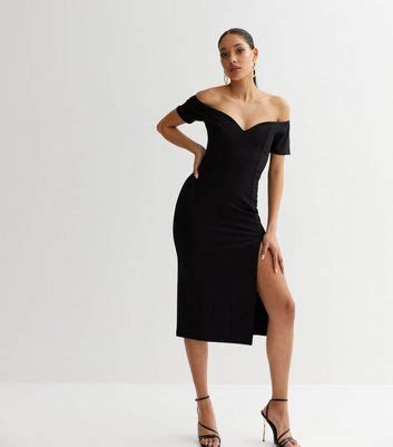 Black Bardot Split Hem Midi Bodycon Dress | New Look