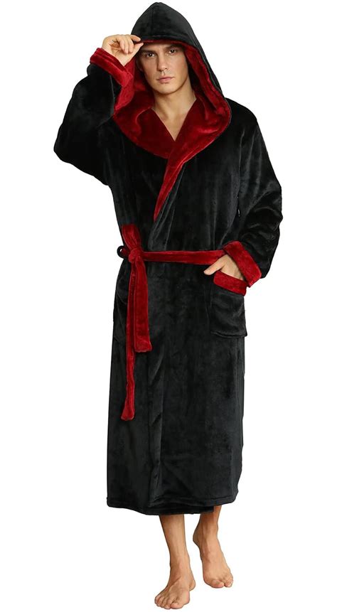 U2SKIIN Mens Hooded Fleece Robe, Mid-Length Plush Shawl Collar Bathrobe ...