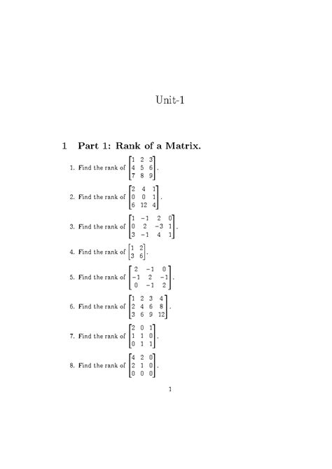 Unit I Practice Sheet: Matrix Rank, Linear Independence & Eigenvalues ...