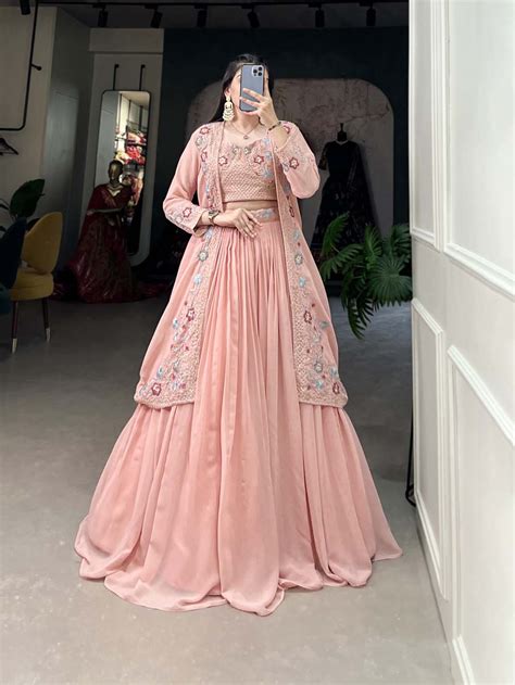 Peach Color Sequins and Thread Embroidery Work Georgette Plain Lehenga