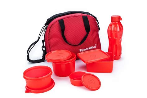 Buy Signoraware Sling Plastic Lunch Box Set with Bag, 5-Pieces, Red ...