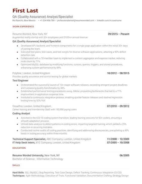 QA (Quality Assurance) Analyst/Specialist Resume Examples for 2025 | Resume Worded