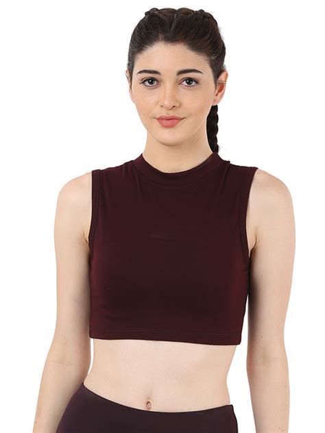 Women Mulberry Color Stylish Sleeveless High Neck Sports Crop Top – The ...