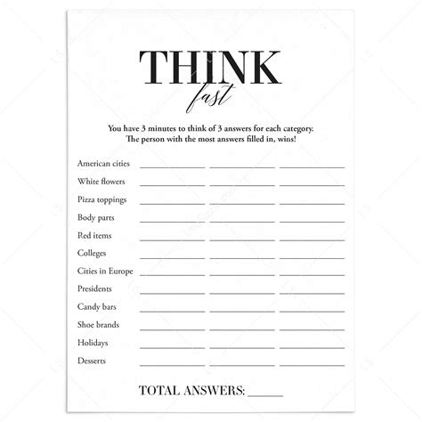 Think Fast Icebreaker Game Printable | Instant Download - LittleSizzle