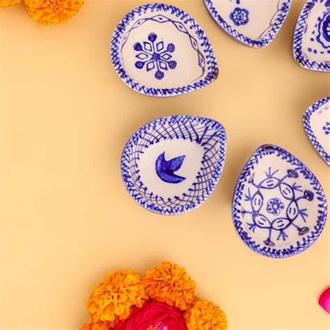 6 Pieces Designer Blue and White Ceramic Diwali Diya For Mandir Decoration