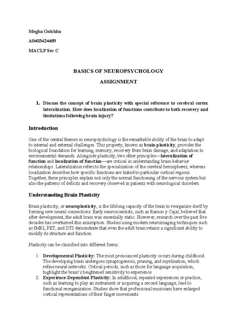 Neuropsychology A0403424489 MACLP Sec C: Brain Plasticity & Frontal ...