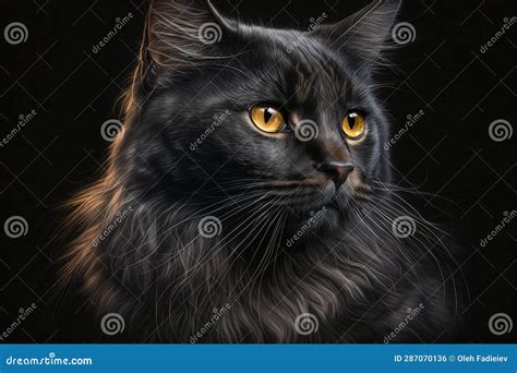 Portrait of a Long-haired Black Cat on a Black Background Stock ...