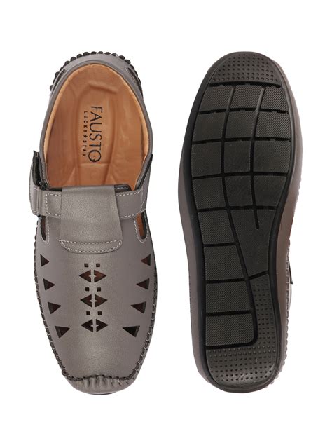 Buy Men Grey Side Stitched Hook & Loop Driving Roman Sandals