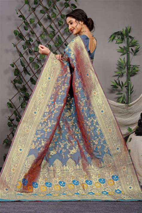 Woebegone Grey Banarasi Silk Saree With Skinny Blouse Piece ...