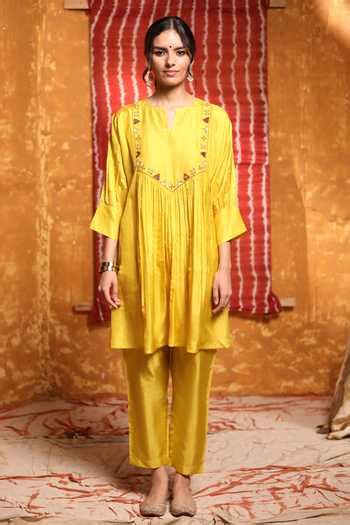 Buy Yellow Handloom Cotton Beads, Sequins Round Neck Silk Embroidered ...