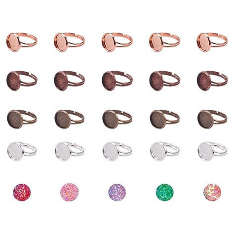 PH PandaHall 40pcs 5 Color Round Brass Adjustable Finger Ring Settings ...