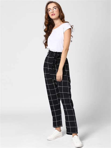 Women's Black and White Check Paperbag Pants with elasticated waistban ...