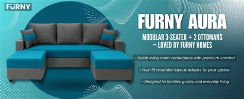 FURNY Aura 3 Seater Modular Fabric Sofa Set with 2 Ottomans (Aqua Blue ...