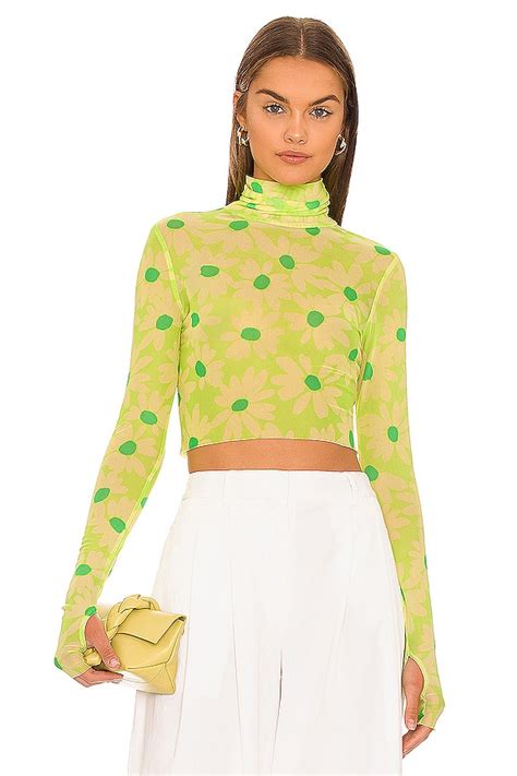 AFRM Micaela Mesh Turtleneck Crop Top in Lime Daisy | REVOLVE