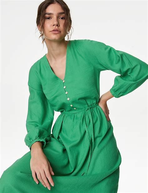 Buy Linen Rich V-Neck Midi Shift Dress at Marks & Spencer