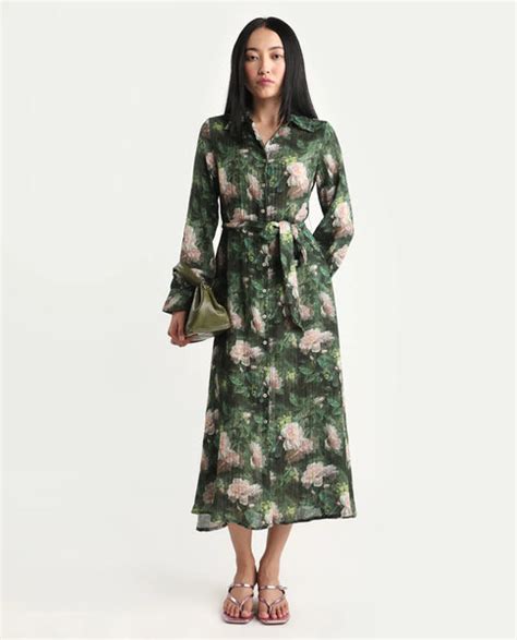 Buy Lika - Dark Green Floral Print Midi Dress| Rareism