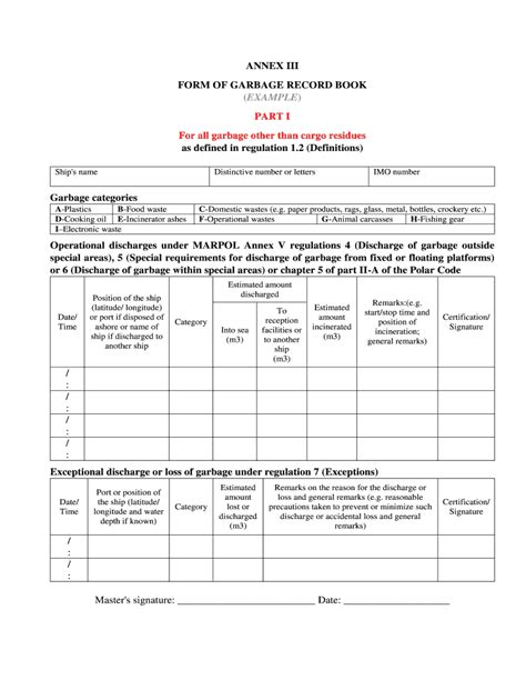 Fillable Online ANNEX III FORM OF GARBAGE RECORD BOOK EXAMPLE Fax Email ...