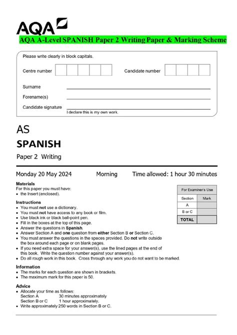 AQA A-Level SPANISH Paper 2 Writing Paper & Marking Scheme - AQA AS ...