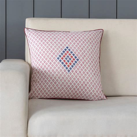 Embroidered Block Printed Cushion Cover, 16x16, Red – Eyaas