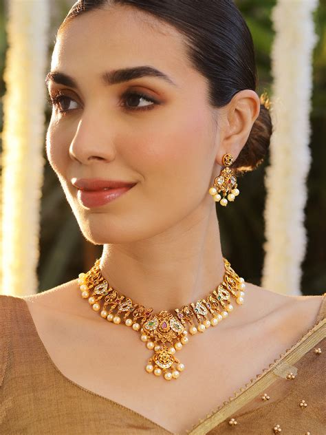 Multicolor Studded Gold Necklace Set With Pearl Drops – Rubans