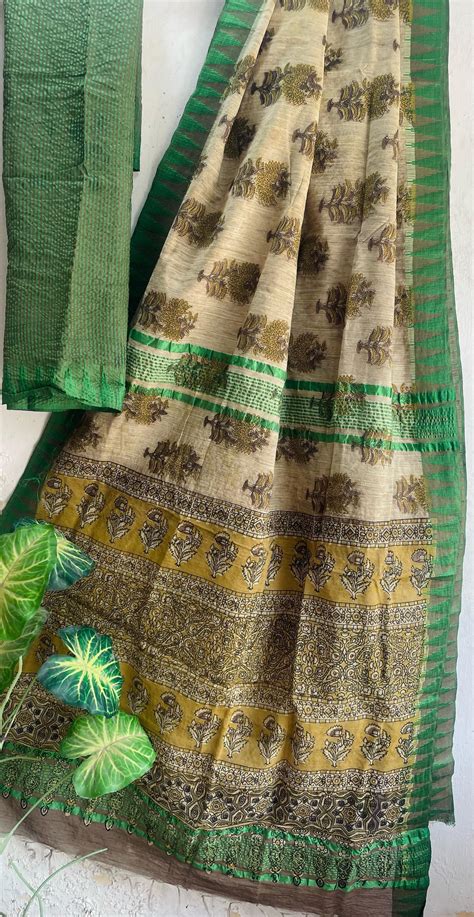 Hand Block Printed Cotton Silk Saree with Temple Border (Ajrakh & Dabu ...